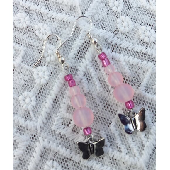 Shades of Pink Glass Beaded Butterfly Earrings - Picture 2 of 4